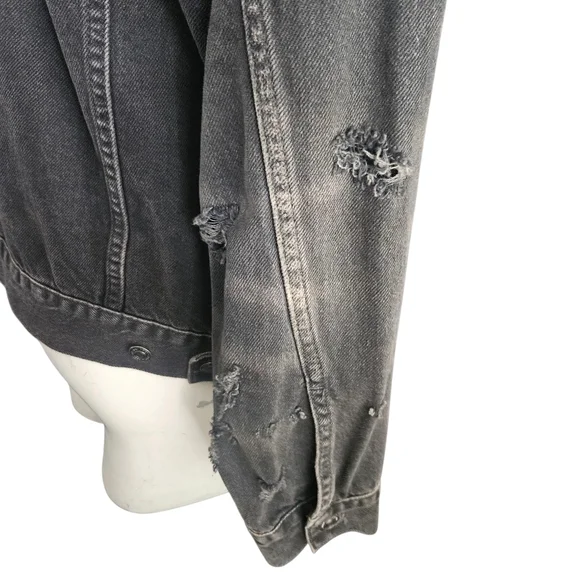 Free People Distressed Denim Jacket Black S (Fits Like M) Thrashed Grunge Skater - Picture 5 of 15